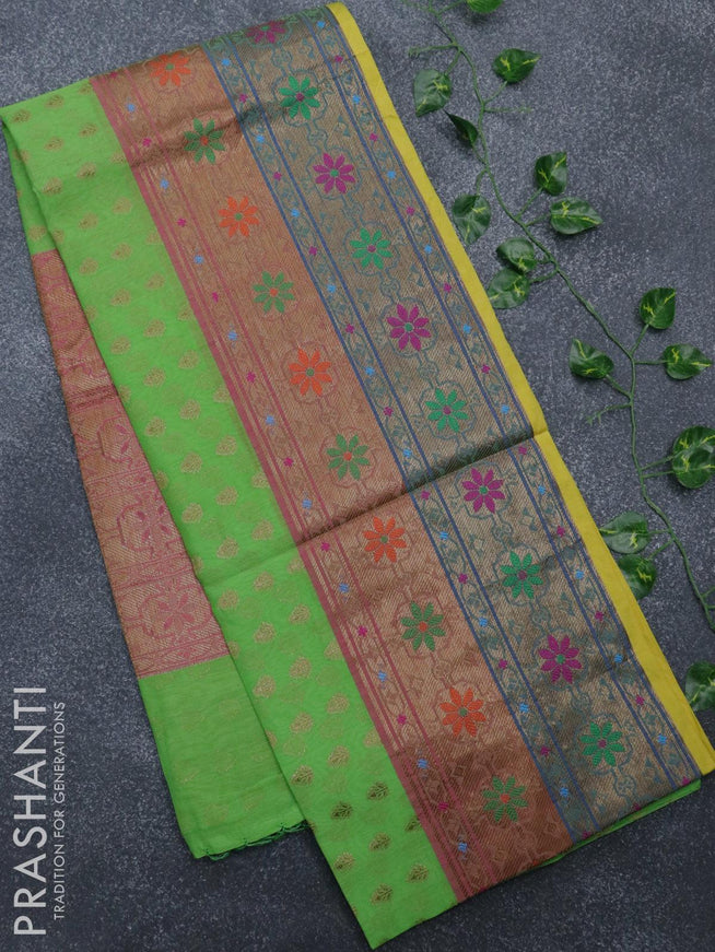 Banarasi semi cotton saree light green and pink with thread & zari woven buttas and long paithani border - {{ collection.title }} by Prashanti Sarees
