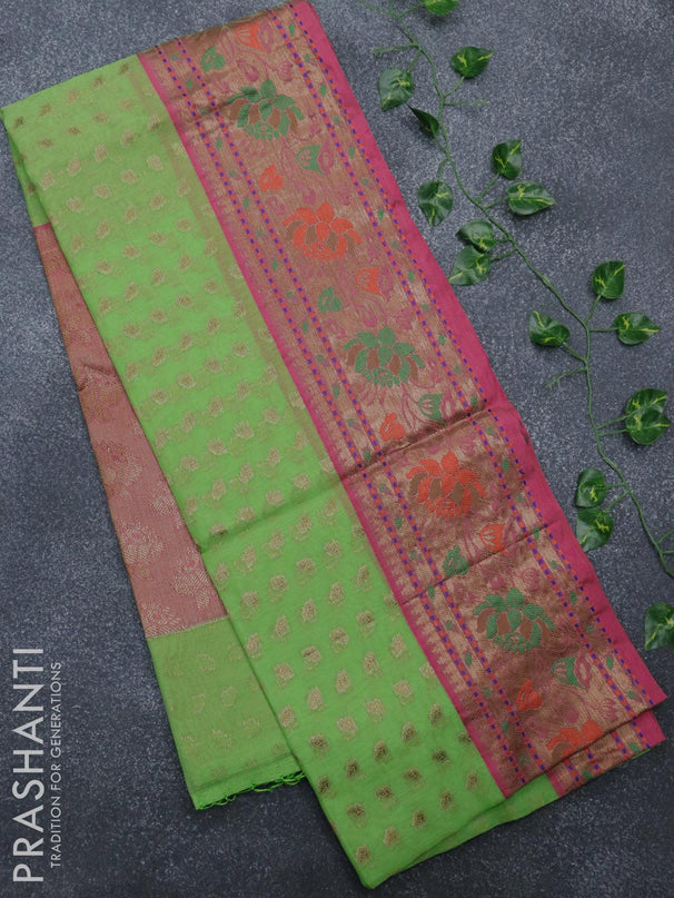 Banarasi semi cotton saree light green and pink with thread & zari woven buttas and paithani border - {{ collection.title }} by Prashanti Sarees