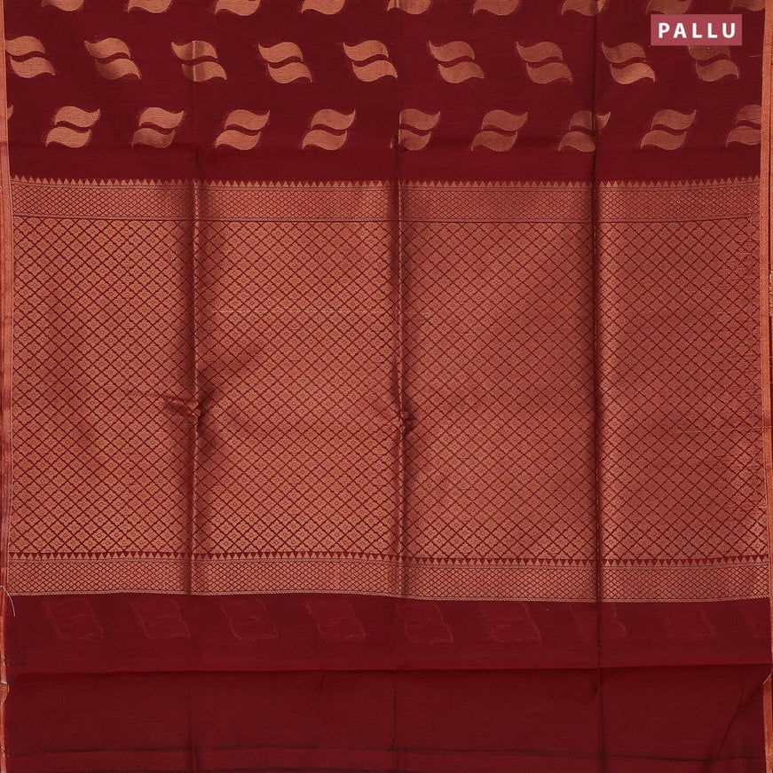Banarasi semi cotton saree maroon with copper zari woven buttas and zari woven piping border - {{ collection.title }} by Prashanti Sarees