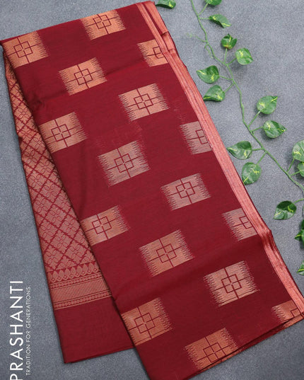 Banarasi semi cotton saree maroon with geometric copper zari woven buttas and zari woven piping border - {{ collection.title }} by Prashanti Sarees