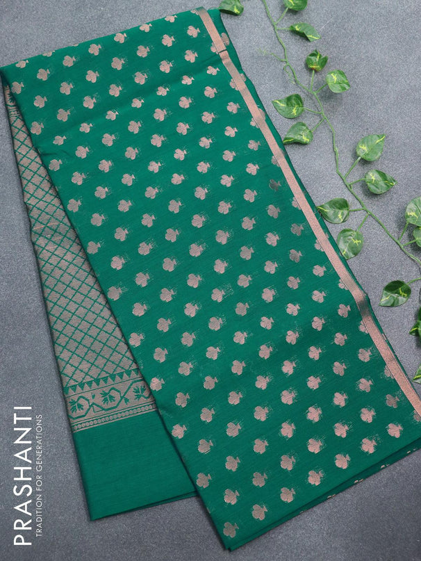 Banarasi semi cotton saree teal green with allover copper zari woven buttas and zari woven piping border - {{ collection.title }} by Prashanti Sarees
