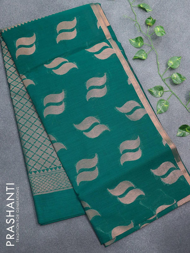 Banarasi semi cotton saree teal green with copper zari woven buttas and zari woven piping border - {{ collection.title }} by Prashanti Sarees