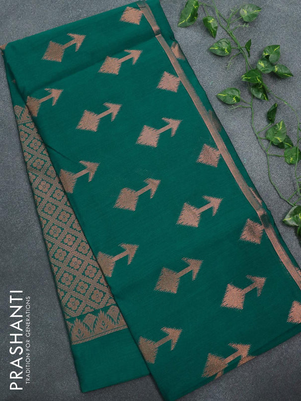 Banarasi semi cotton saree teal green with copper zari woven geometric buttas and piping zari woven border - {{ collection.title }} by Prashanti Sarees