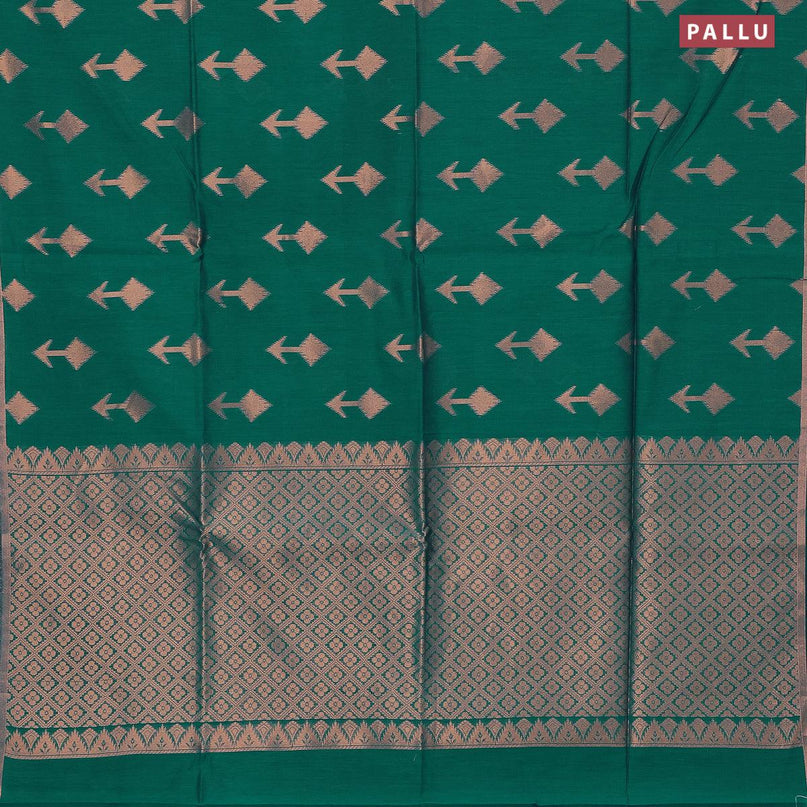 Banarasi semi cotton saree teal green with copper zari woven geometric buttas and piping zari woven border - {{ collection.title }} by Prashanti Sarees