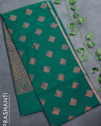 Banarasi semi cotton saree teal green with geometric copper zari woven buttas and zari woven piping border - {{ collection.title }} by Prashanti Sarees