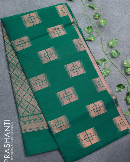 Banarasi semi cotton saree teal green with geometric copper zari woven buttas and zari woven piping border - {{ collection.title }} by Prashanti Sarees
