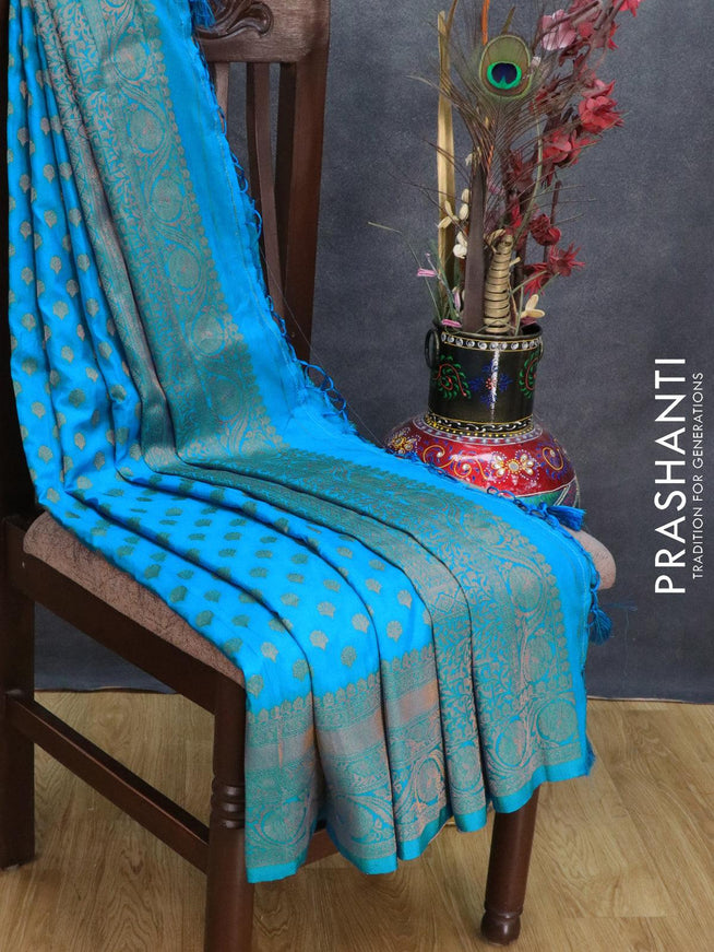Banarasi semi crepe saree blue with allover zari buttas and zari woven border - {{ collection.title }} by Prashanti Sarees