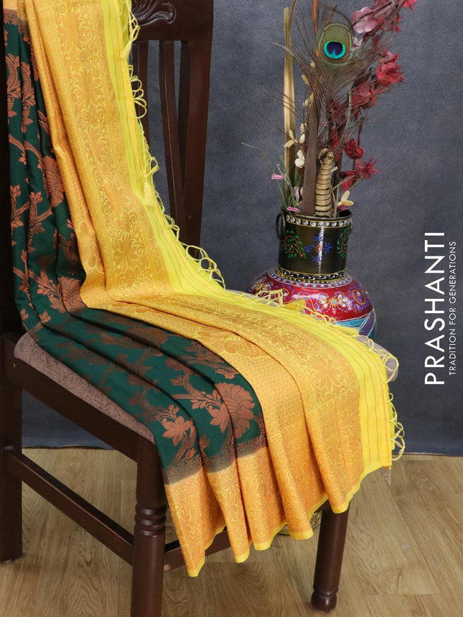 Banarasi semi crepe saree green and yellow with allover copper zari woven buttas and copper zari woven border - {{ collection.title }} by Prashanti Sarees