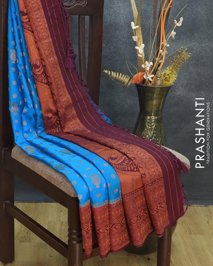 Banarasi semi crepe saree light blue and deep maroon with allover copper zari woven buttas and copper zari woven border - {{ collection.title }} by Prashanti Sarees