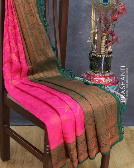 Banarasi semi crepe saree pink and green with allover copper zari weaves and copper zari woven border - {{ collection.title }} by Prashanti Sarees