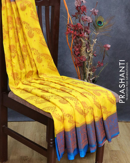 Banarasi semi crepe saree yellow and blue with allover copper zari floral weaves and floral copper zari woven border - {{ collection.title }} by Prashanti Sarees
