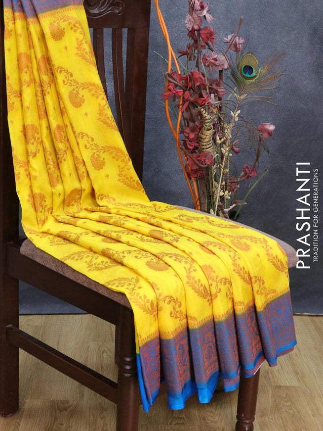 Banarasi semi crepe saree yellow and blue with allover copper zari floral weaves and floral copper zari woven border - {{ collection.title }} by Prashanti Sarees