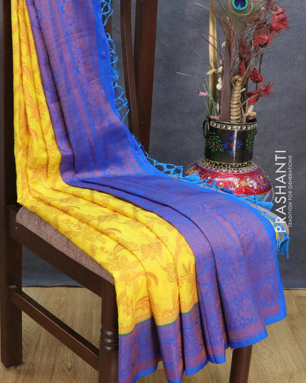 Banarasi semi crepe saree yellow and blue with allover copper zari weaves and copper zari woven border - {{ collection.title }} by Prashanti Sarees