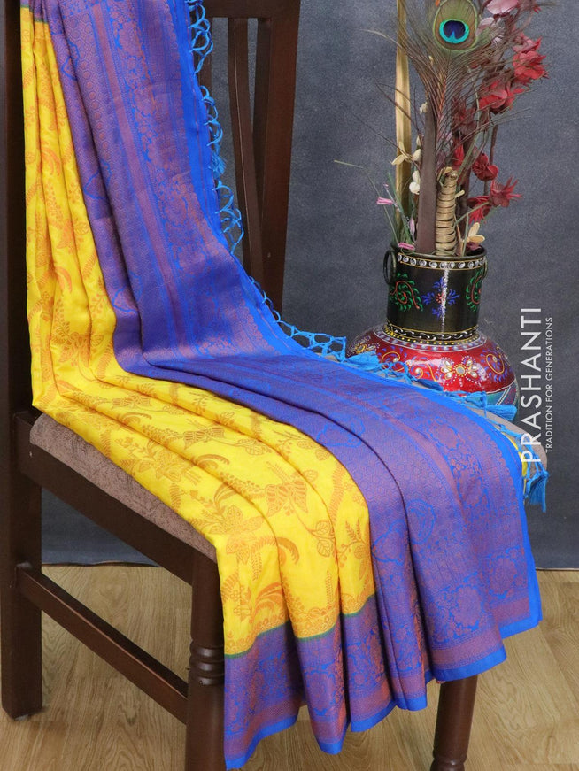 Banarasi semi crepe saree yellow and blue with allover copper zari weaves and copper zari woven border - {{ collection.title }} by Prashanti Sarees