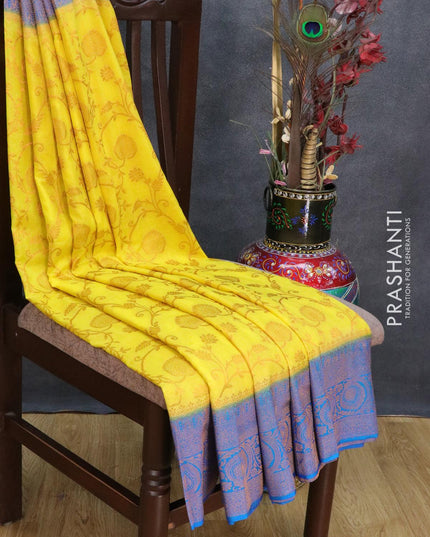 Banarasi semi crepe saree yellow and blue with allover zari weaves and zari woven border - {{ collection.title }} by Prashanti Sarees
