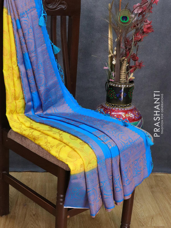 Banarasi semi crepe saree yellow and blue with allover zari weaves and zari woven border - {{ collection.title }} by Prashanti Sarees