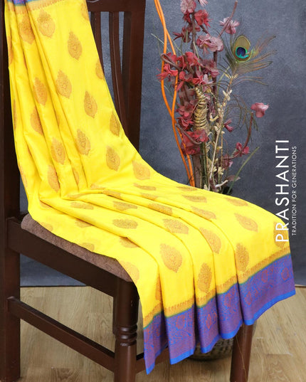 Banarasi semi crepe saree yellow and blue with copper zari buttas and floral copper zari woven border - {{ collection.title }} by Prashanti Sarees