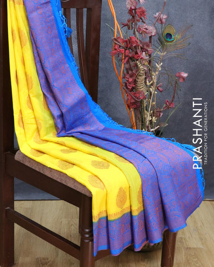 Banarasi semi crepe saree yellow and blue with copper zari buttas and floral copper zari woven border - {{ collection.title }} by Prashanti Sarees