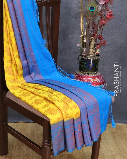 Banarasi semi crepe saree yellow and cs blue with allover copper zari floral weaves and floral copper zari woven border - {{ collection.title }} by Prashanti Sarees