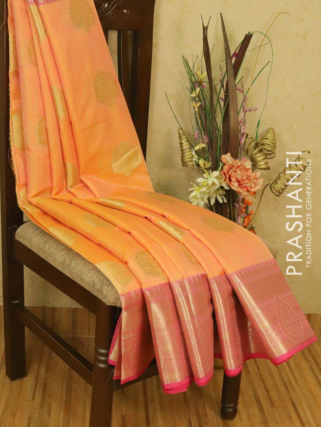 Banarasi semi katan saree dual shade of yellow peach and pink with zari woven buttas and zari woven border - {{ collection.title }} by Prashanti Sarees