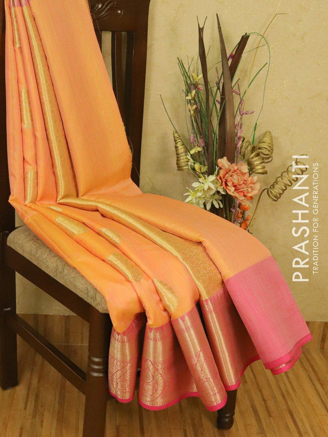 Banarasi semi katan saree dual shade of yellow peach and pink with zari woven buttas and zari woven border - {{ collection.title }} by Prashanti Sarees