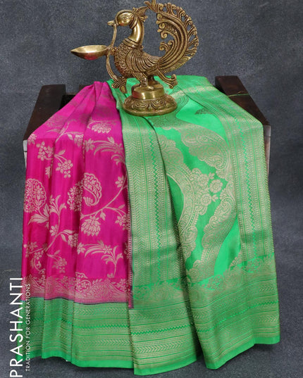 Banarasi semi katan saree magenta pink and green with allover floral zari weaves and zari woven border - {{ collection.title }} by Prashanti Sarees