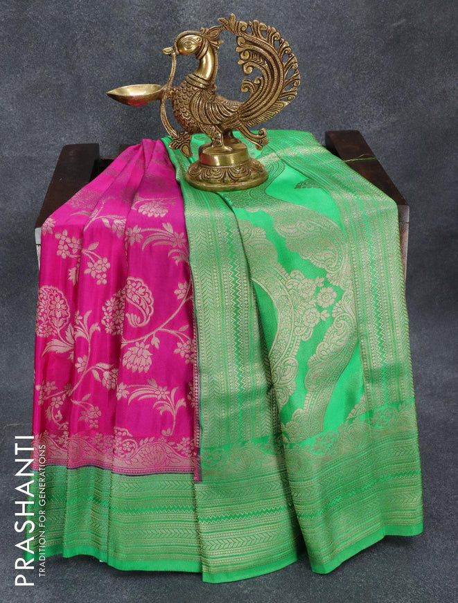 Banarasi semi katan saree magenta pink and green with allover floral zari weaves and zari woven border - {{ collection.title }} by Prashanti Sarees