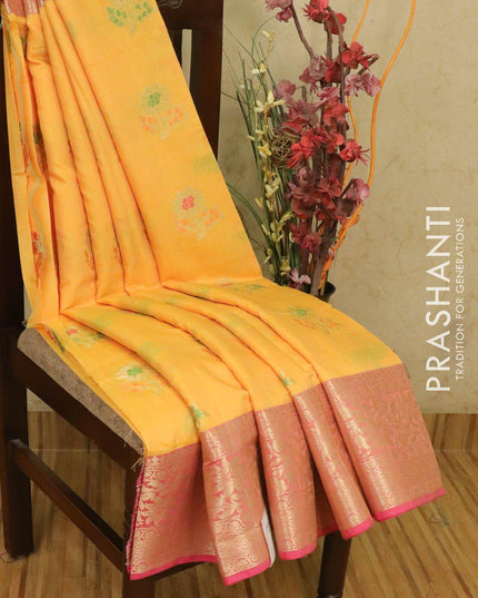 Banarasi semi katan saree mango yellow shade and pink with thread & zari woven buttas and zari woven border - {{ collection.title }} by Prashanti Sarees