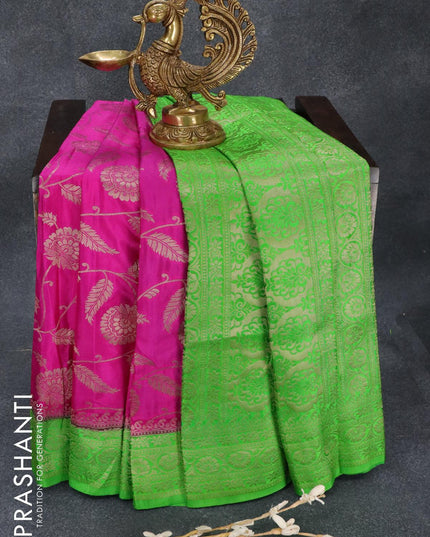 Banarasi semi katan saree pink and parrot green with allover floral zari weaves and zari woven border - {{ collection.title }} by Prashanti Sarees