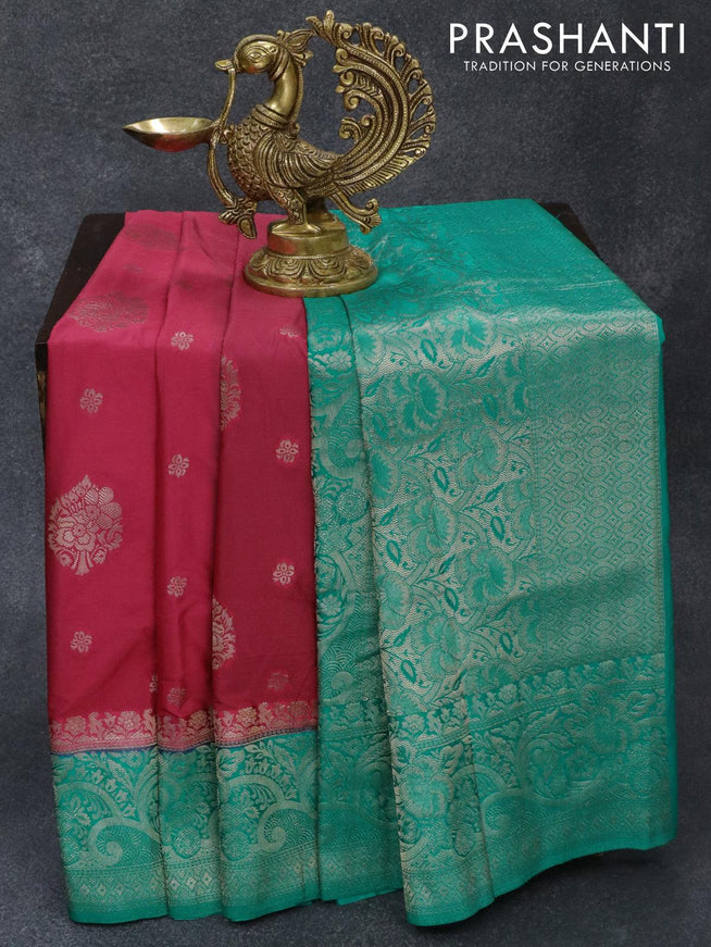 Banarasi semi katan saree red shade and light blue with allover zari woven buttas and zari woven border - {{ collection.title }} by Prashanti Sarees