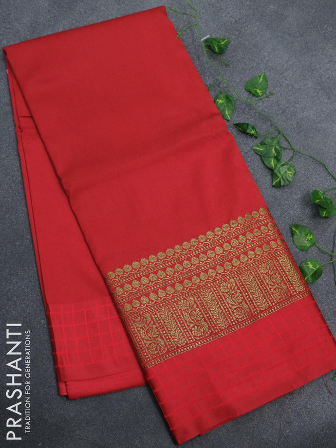Banarasi semi katan saree red with plain body and long zari woven simple border - {{ collection.title }} by Prashanti Sarees