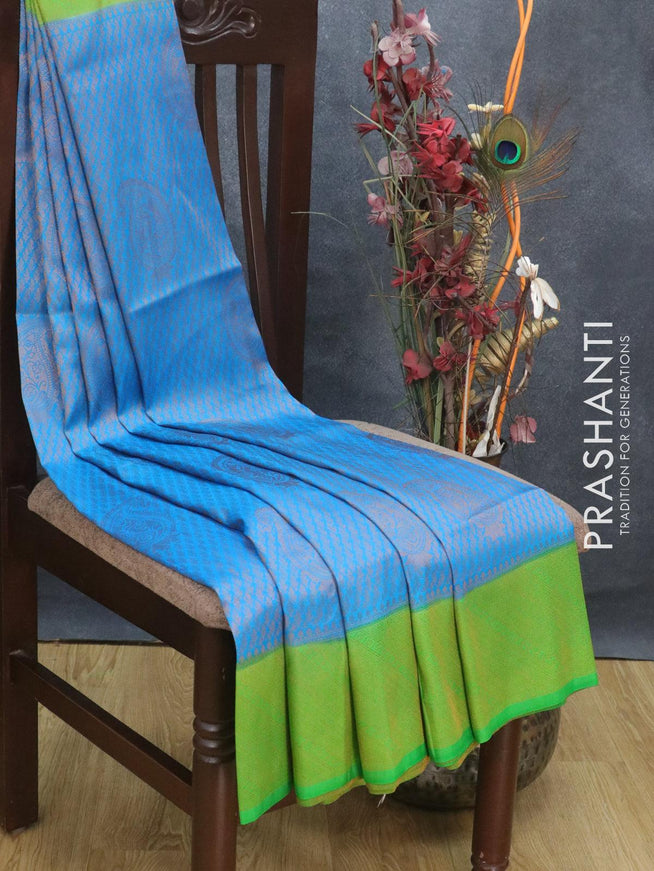 Banarasi semi silk saree cs blue and green with allover zari weaves and zari woven border - {{ collection.title }} by Prashanti Sarees
