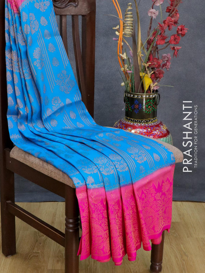 Banarasi semi silk saree cs blue and pink with allover zari weaves and zari woven border - {{ collection.title }} by Prashanti Sarees