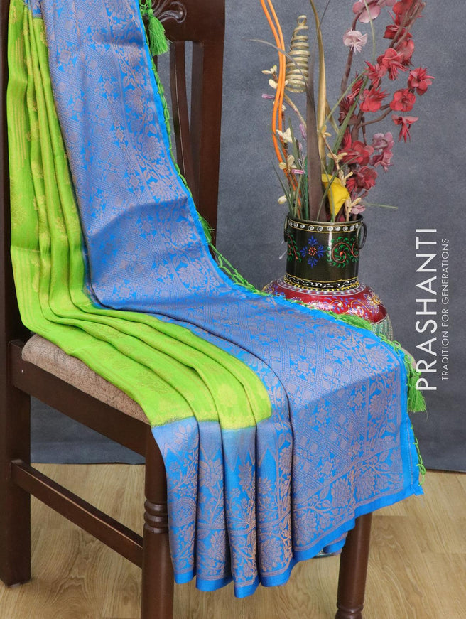 Banarasi semi silk saree green and cs blue with allover zari weaves and zari woven border - {{ collection.title }} by Prashanti Sarees