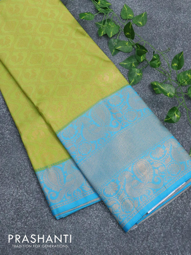 Banarasi semi silk saree light green and light blue with allover zari weaves and long annam zari woven border - {{ collection.title }} by Prashanti Sarees