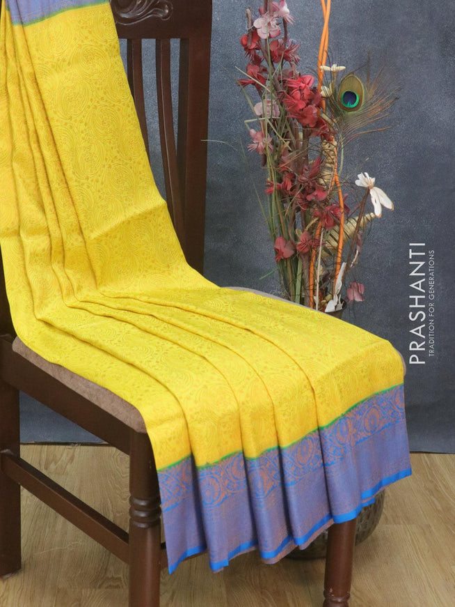 Banarasi semi silk saree lime yellow and blue with allover zari weaves and zari woven border - {{ collection.title }} by Prashanti Sarees