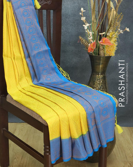 Banarasi semi silk saree lime yellow and cs blue with allover zari weaves and zari woven border - {{ collection.title }} by Prashanti Sarees