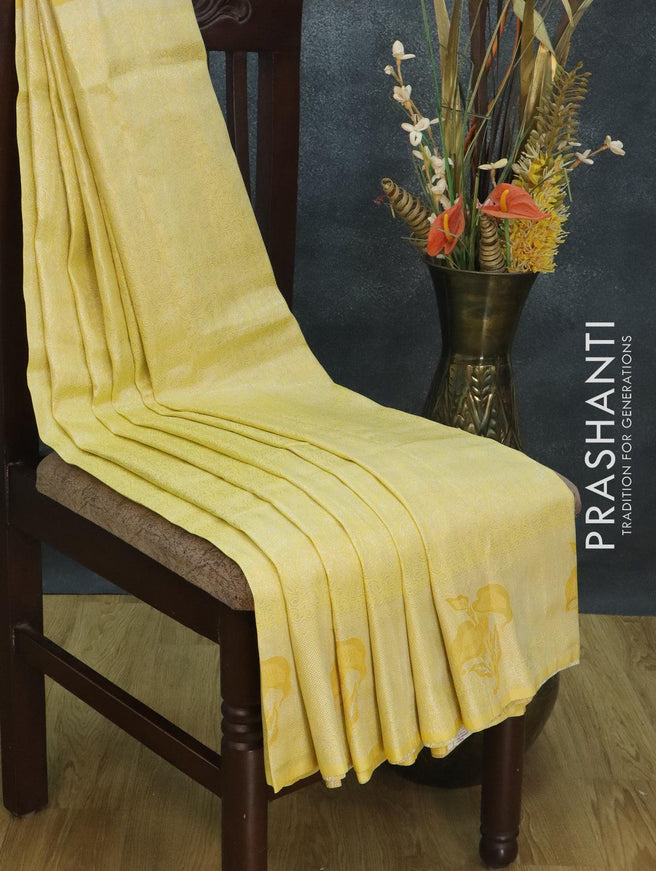 Banarasi semi silk saree pale yellow with allover silver zari weaves and zari woven border - {{ collection.title }} by Prashanti Sarees
