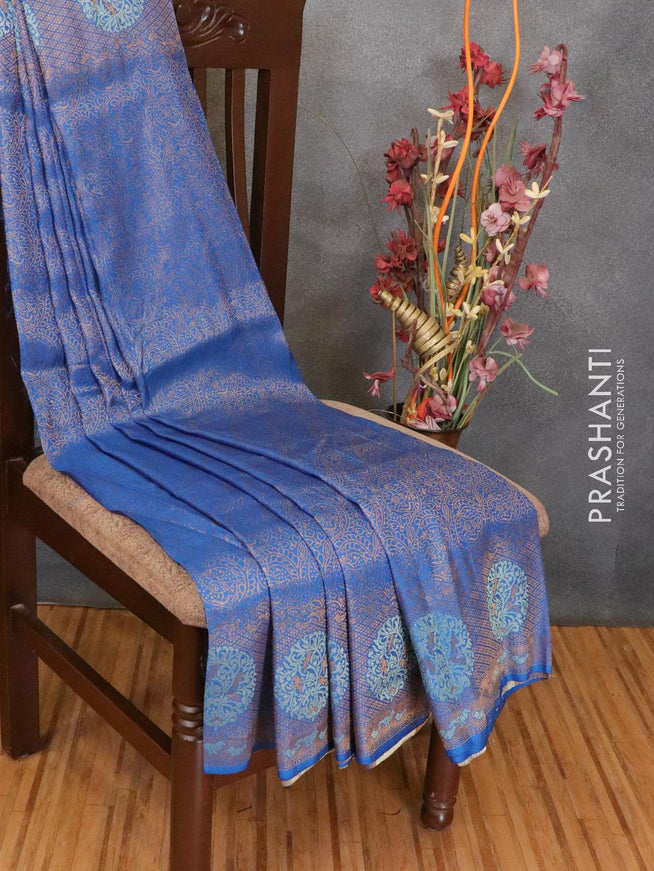 Banarasi semi silk saree peacock blue with allover zari weaves and zari woven border - {{ collection.title }} by Prashanti Sarees