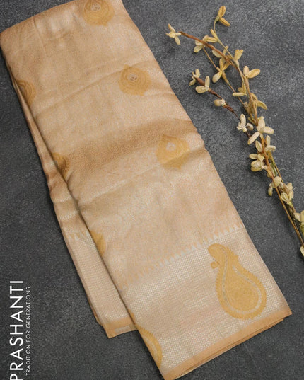 Banarasi Semi silk saree sandal with allover silver zari weaves and silver zari woven border - {{ collection.title }} by Prashanti Sarees