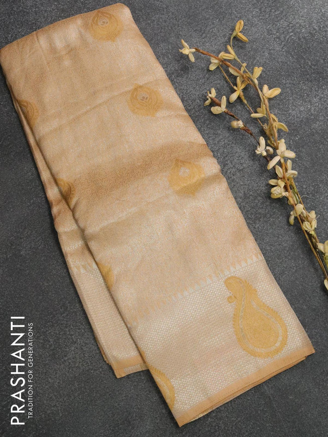 Banarasi Semi silk saree sandal with allover silver zari weaves and silver zari woven border - {{ collection.title }} by Prashanti Sarees