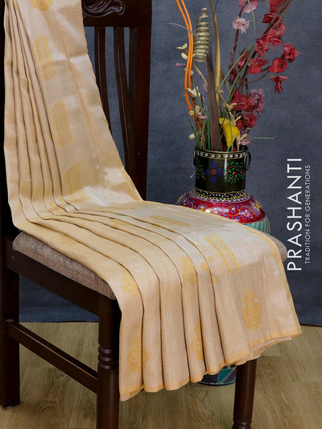 Banarasi semi silk saree sandal with allover silver zari weaves and zari woven border - {{ collection.title }} by Prashanti Sarees