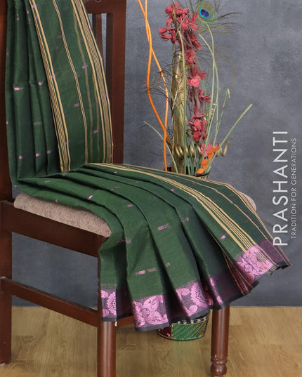 Bengal cotton saree dark green and black with pink zari woven buttas and pink zari woven border without blouse - {{ collection.title }} by Prashanti Sarees