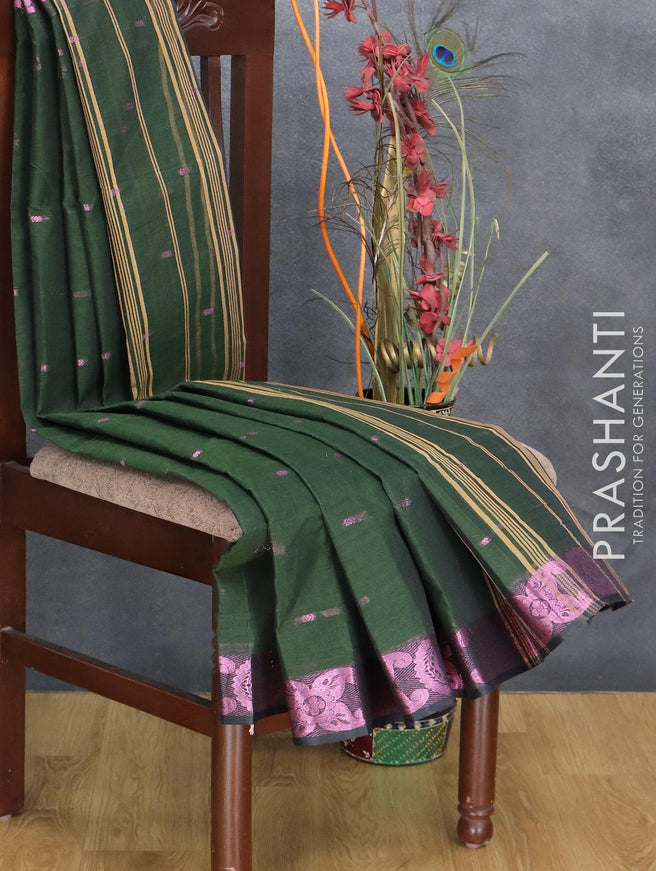 Bengal cotton saree dark green and black with pink zari woven buttas and pink zari woven border without blouse - {{ collection.title }} by Prashanti Sarees