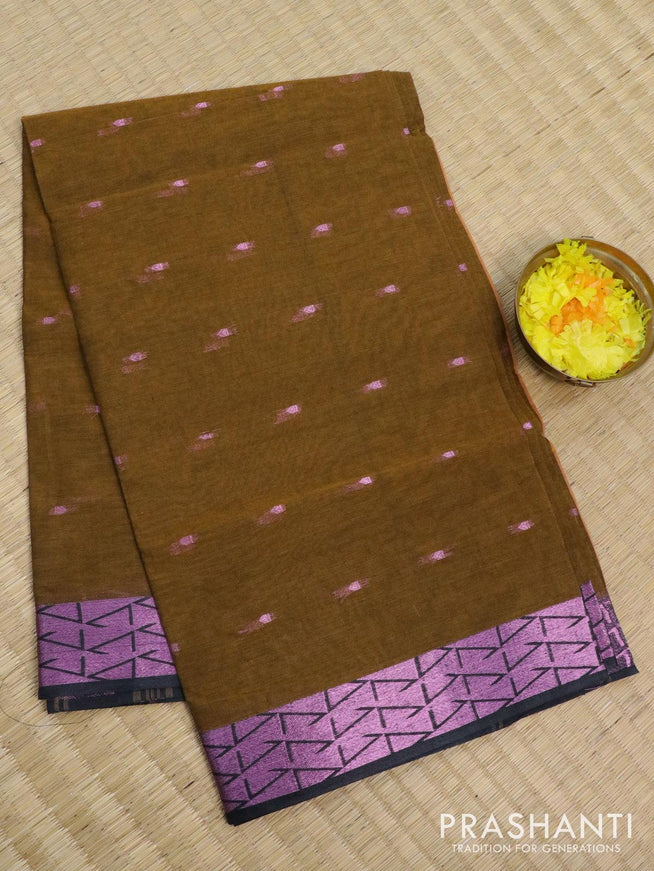 Bengal cotton saree dark mustard and black with pink zari woven buttas and pink zari woven border without blouse - {{ collection.title }} by Prashanti Sarees