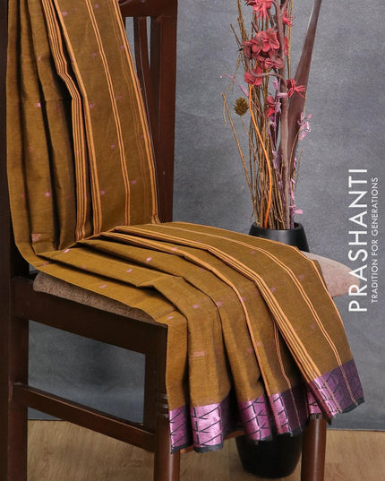 Bengal cotton saree dark mustard and black with pink zari woven buttas and pink zari woven border without blouse - {{ collection.title }} by Prashanti Sarees