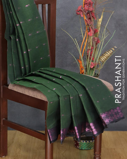 Bengal cotton saree green and black with pink zari woven buttas and pink zari woven border without blouse - {{ collection.title }} by Prashanti Sarees
