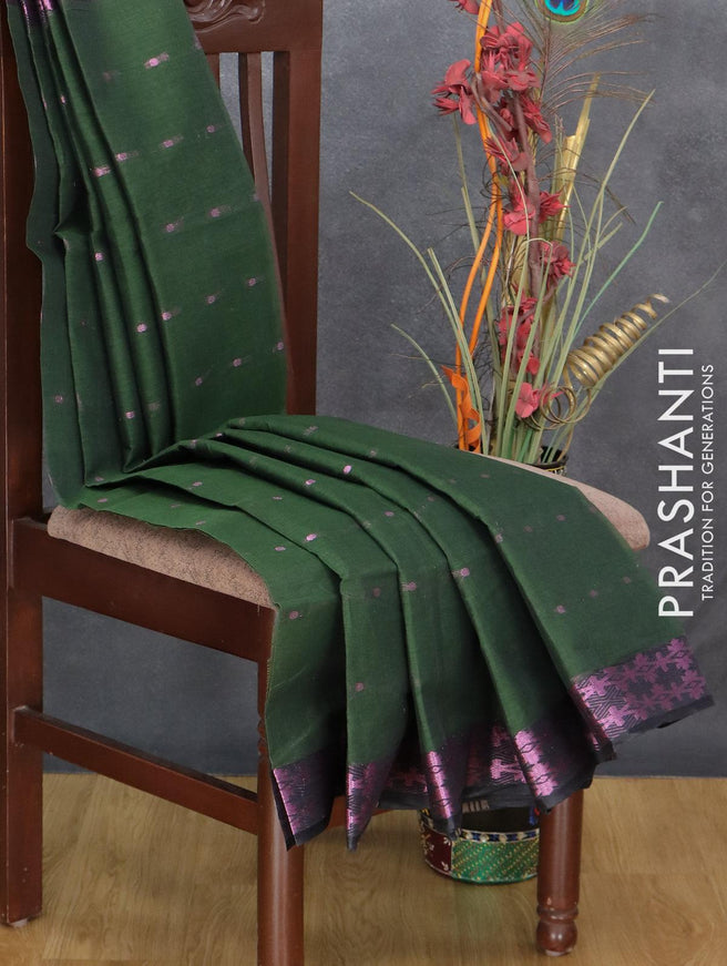 Bengal cotton saree green and black with pink zari woven buttas and pink zari woven border without blouse - {{ collection.title }} by Prashanti Sarees