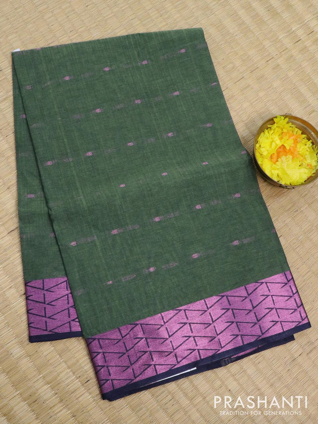 Bengal cotton saree green shade and dark blue with pink zari woven buttas and pink zari woven border without blouse - {{ collection.title }} by Prashanti Sarees