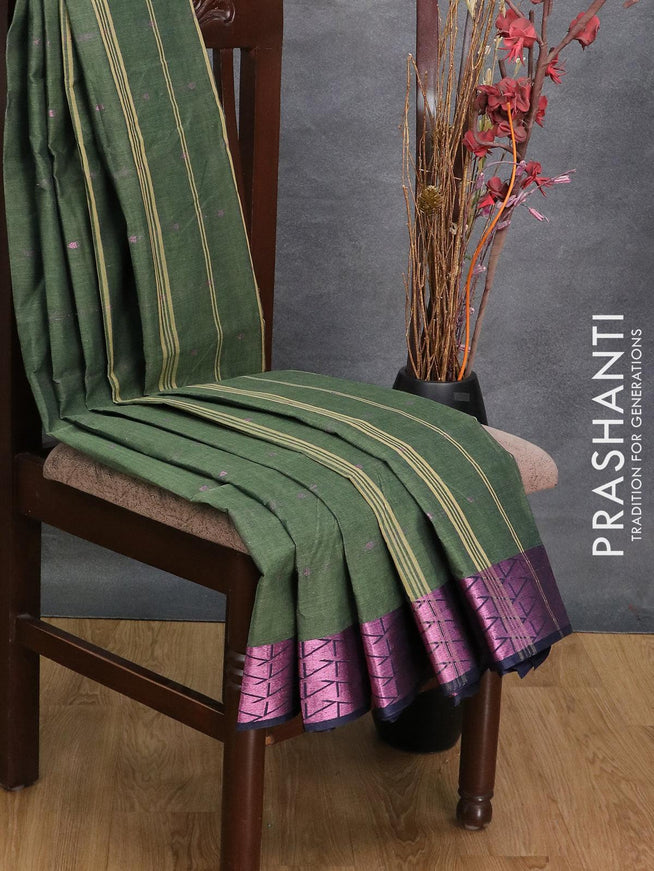 Bengal cotton saree green shade and dark blue with pink zari woven buttas and pink zari woven border without blouse - {{ collection.title }} by Prashanti Sarees